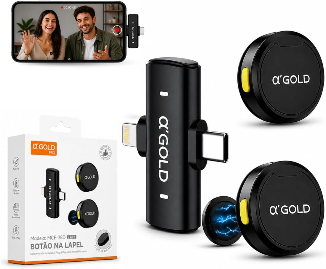 Microfone de Lapela Sem Fio Bluetooth, Kit com 2 Microfones, Cancelamento de Ruído, até 10 Horas de Uso, compatível com iPhone, Android, Câmera e PC