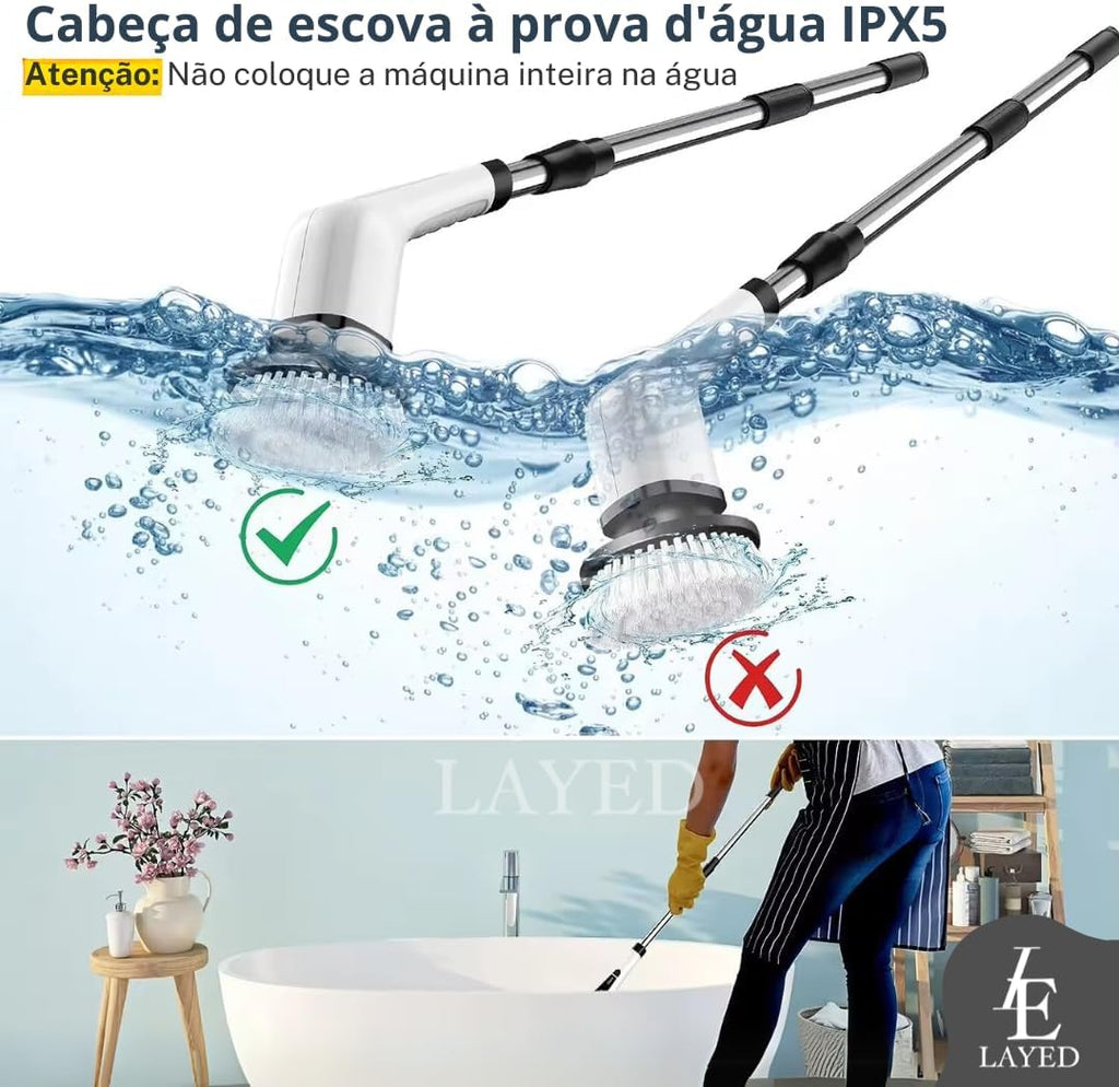 Esfregão de Limpeza Elétrico 9 em 1 - Escova C/Cabo Extensível, 9 Cabeças, 2 Velocidades, Sem Fio, Portátil, Ideal para Banheiro, Cozinha e Mais - Praticidade na Faxina! Marca Layed®