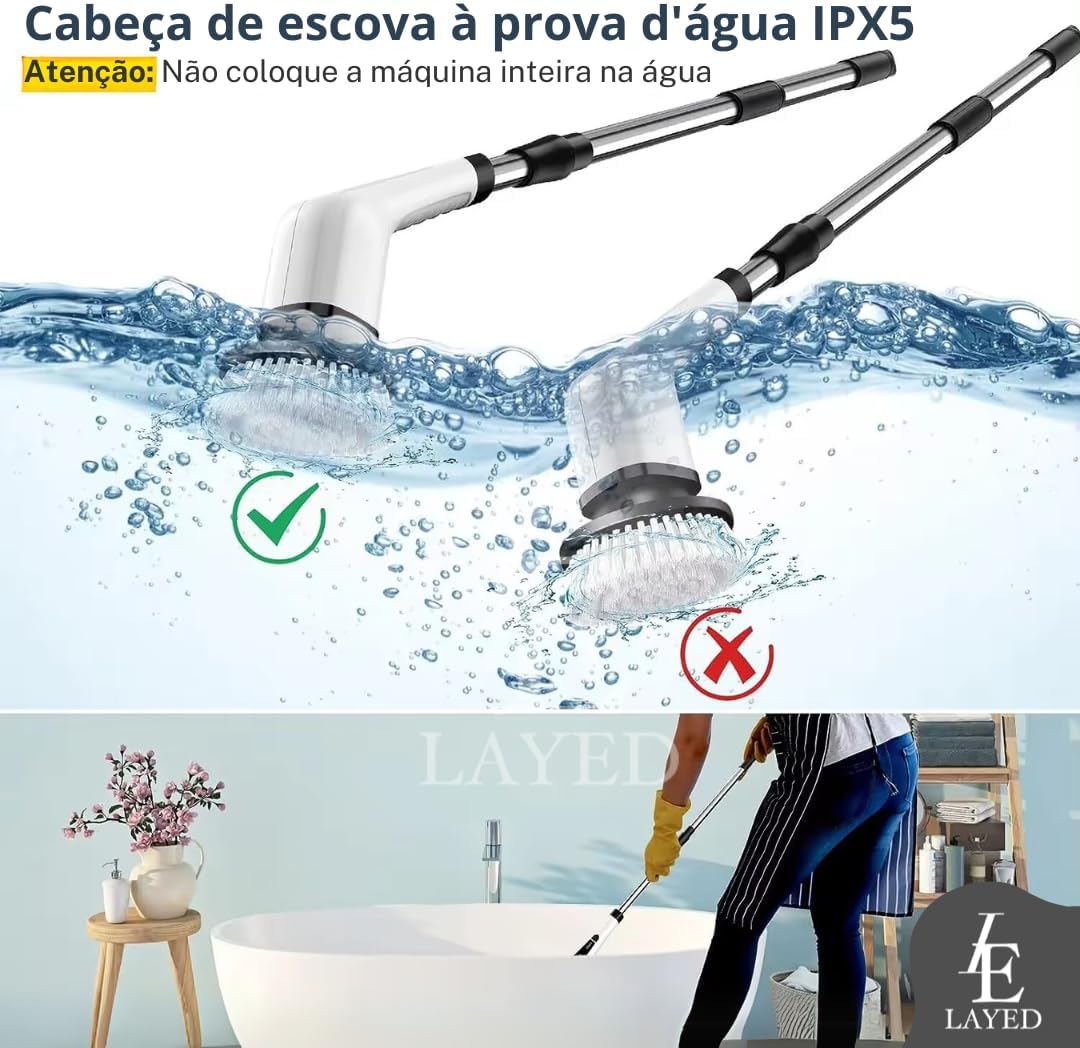 Esfregão de Limpeza Elétrico 9 em 1 - Escova C/Cabo Extensível, 9 Cabeças, 2 Velocidades, Sem Fio, Portátil, Ideal para Banheiro, Cozinha e Mais - Praticidade na Faxina! Marca Layed®