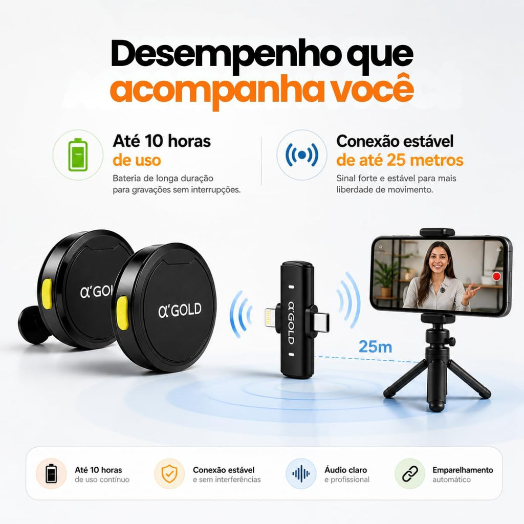 Microfone de Lapela Sem Fio Bluetooth, Kit com 2 Microfones, Cancelamento de Ruído, até 10 Horas de Uso, compatível com iPhone, Android, Câmera e PC