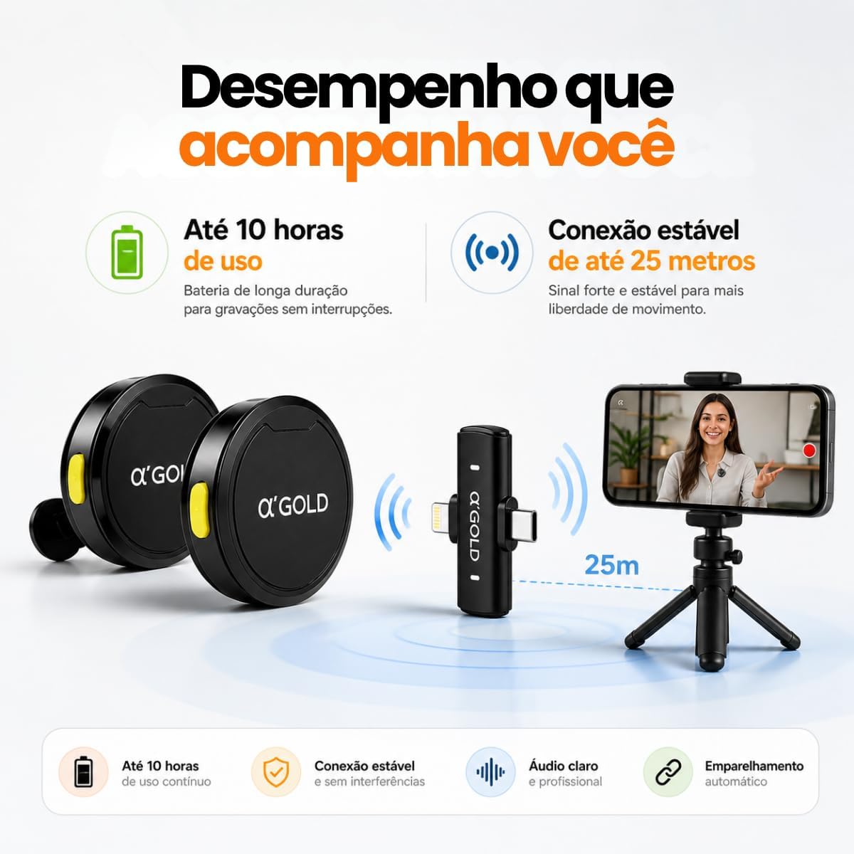 Microfone de Lapela Sem Fio Bluetooth, Kit com 2 Microfones, Cancelamento de Ruído, até 10 Horas de Uso, compatível com iPhone, Android, Câmera e PC