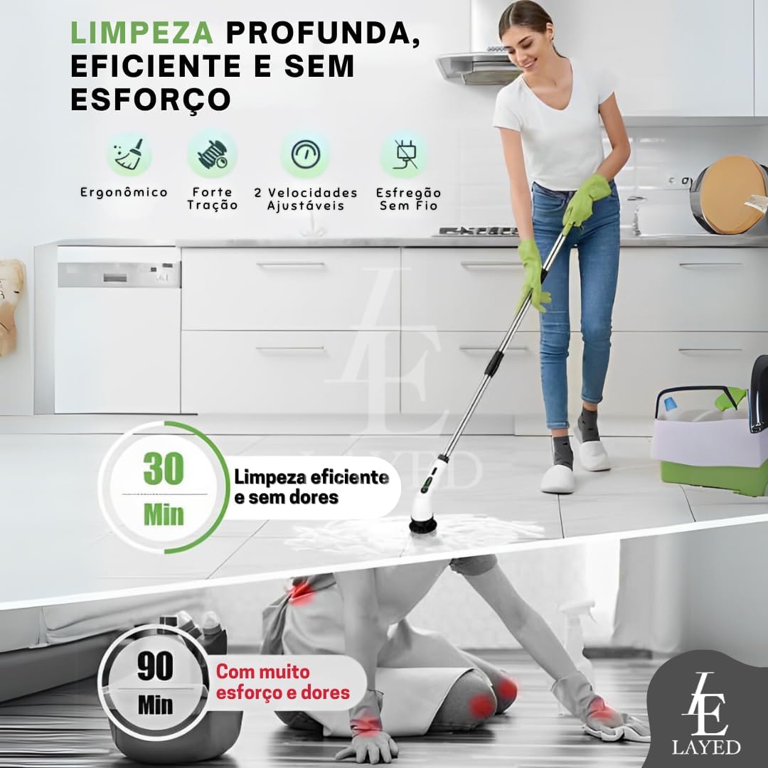Esfregão de Limpeza Elétrico 9 em 1 - Escova C/Cabo Extensível, 9 Cabeças, 2 Velocidades, Sem Fio, Portátil, Ideal para Banheiro, Cozinha e Mais - Praticidade na Faxina! Marca Layed®