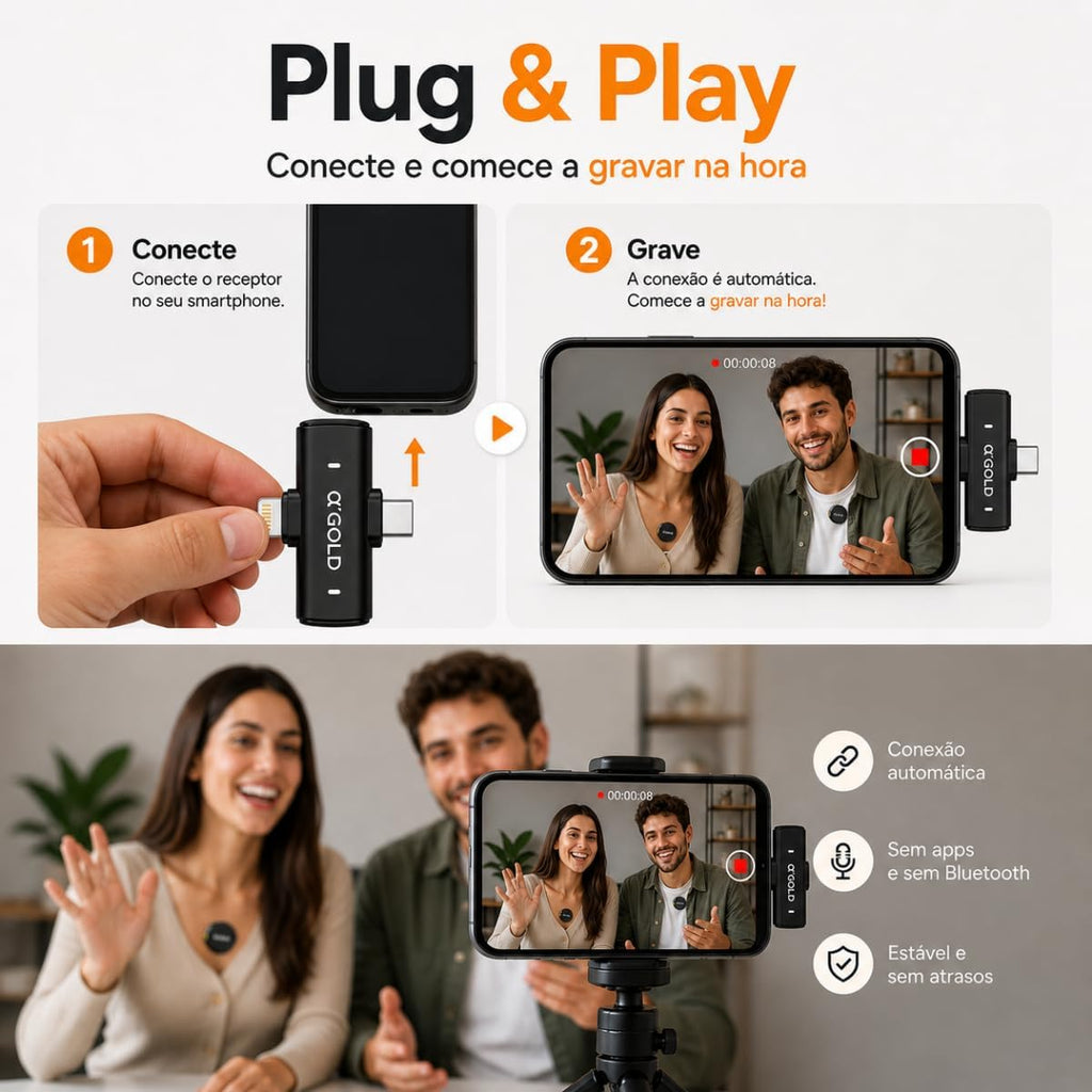 Microfone de Lapela Sem Fio Bluetooth, Kit com 2 Microfones, Cancelamento de Ruído, até 10 Horas de Uso, compatível com iPhone, Android, Câmera e PC