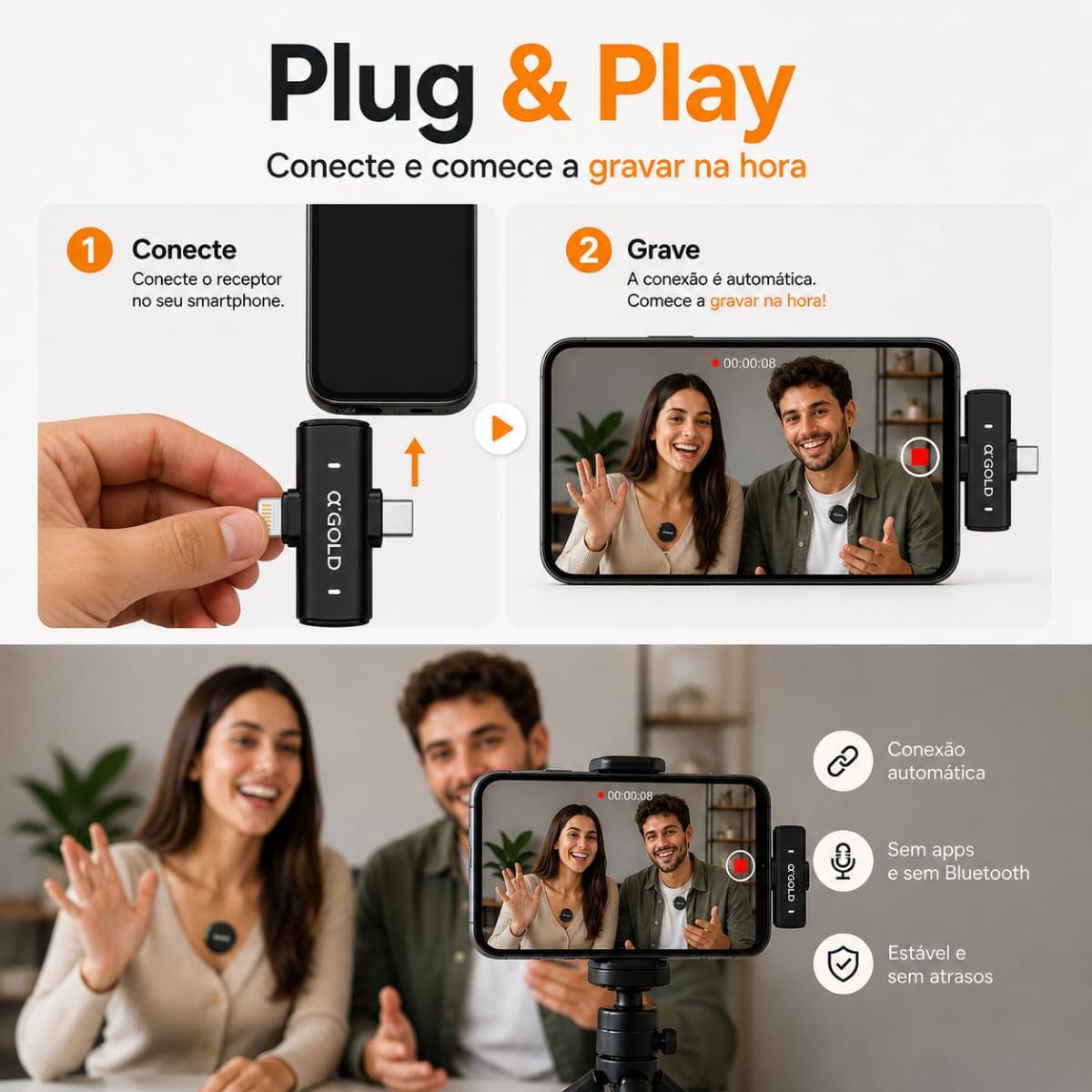 Microfone de Lapela Sem Fio Bluetooth, Kit com 2 Microfones, Cancelamento de Ruído, até 10 Horas de Uso, compatível com iPhone, Android, Câmera e PC