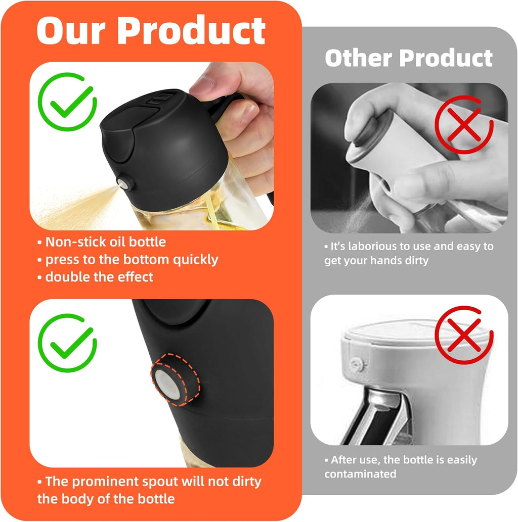 TrendPlain Pulverizador de azeite de oliva de vidro de 470 ml para cozinhar – Frasco dispensador de azeite 2 em 1 para utensílios de cozinha e acessórios de fritadeira de ar, salada, churrasco - preto