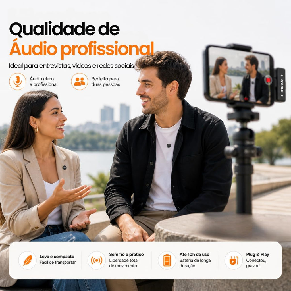 Microfone de Lapela Sem Fio Bluetooth, Kit com 2 Microfones, Cancelamento de Ruído, até 10 Horas de Uso, compatível com iPhone, Android, Câmera e PC