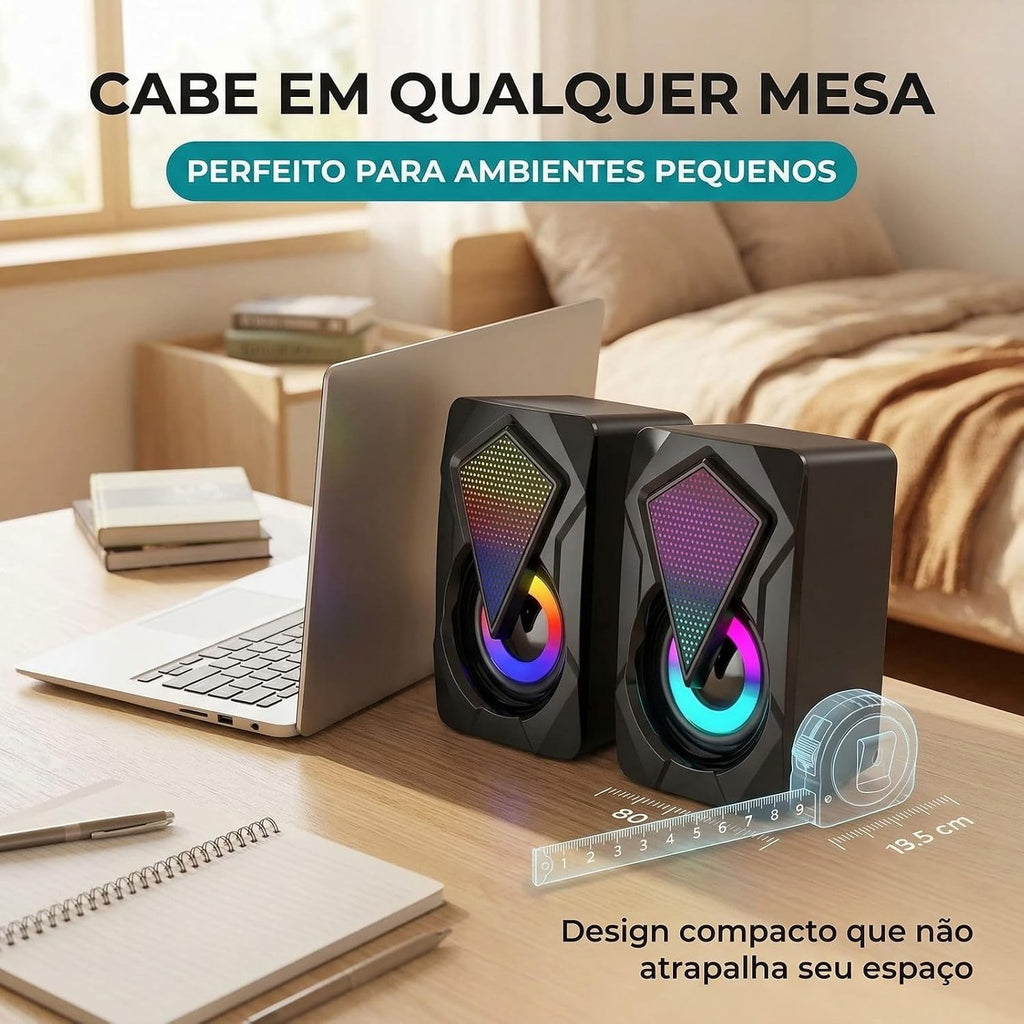 Caixinha de Som PC Gamer Potente com Iluminação RGB, Alto Falante Estéreo para Computador e Notebook, Entrada USB e P2 com Cabo Controle de Volume, Ideal Setup Gamer, Home Office - Premium