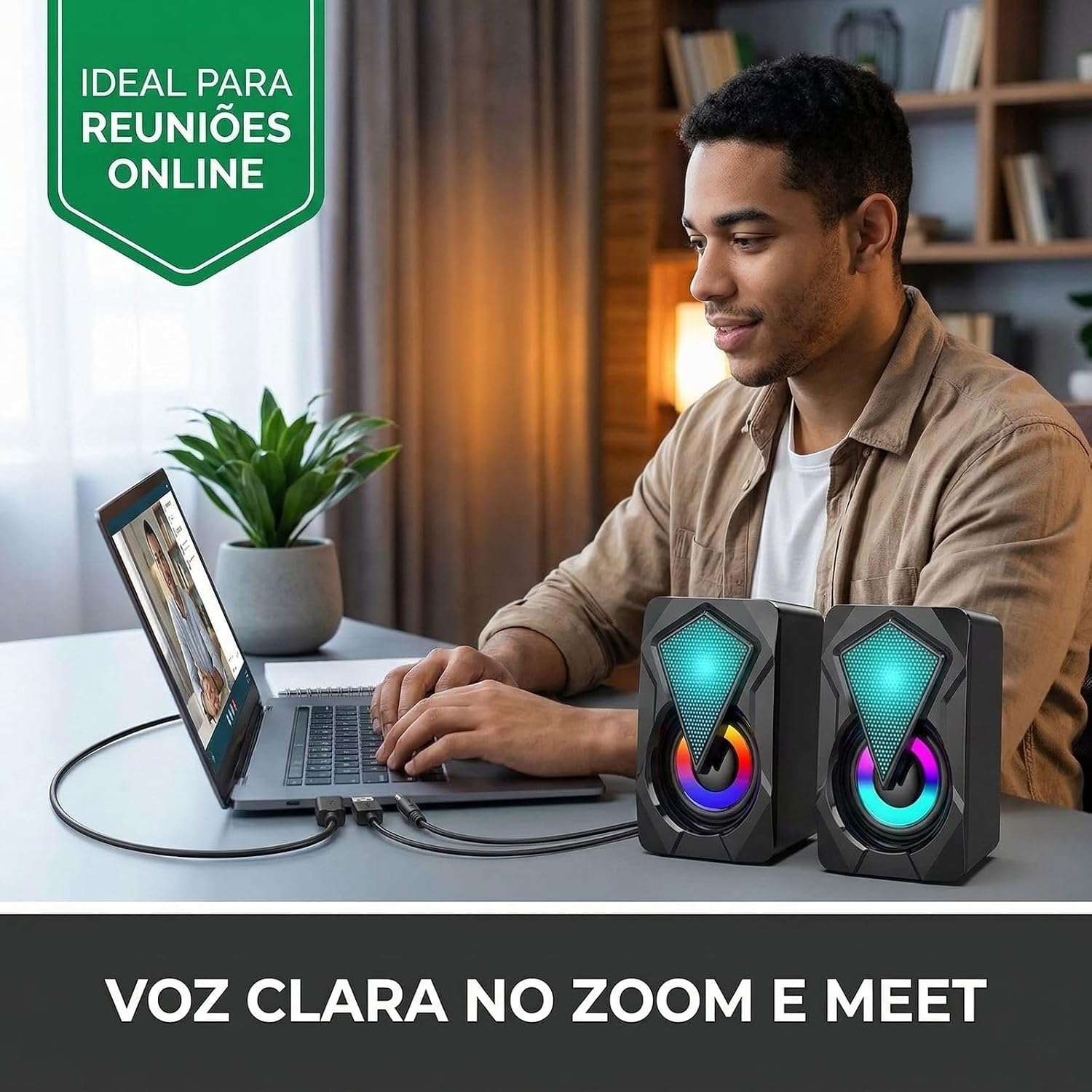 Caixinha de Som PC Gamer Potente com Iluminação RGB, Alto Falante Estéreo para Computador e Notebook, Entrada USB e P2 com Cabo Controle de Volume, Ideal Setup Gamer, Home Office - Premium