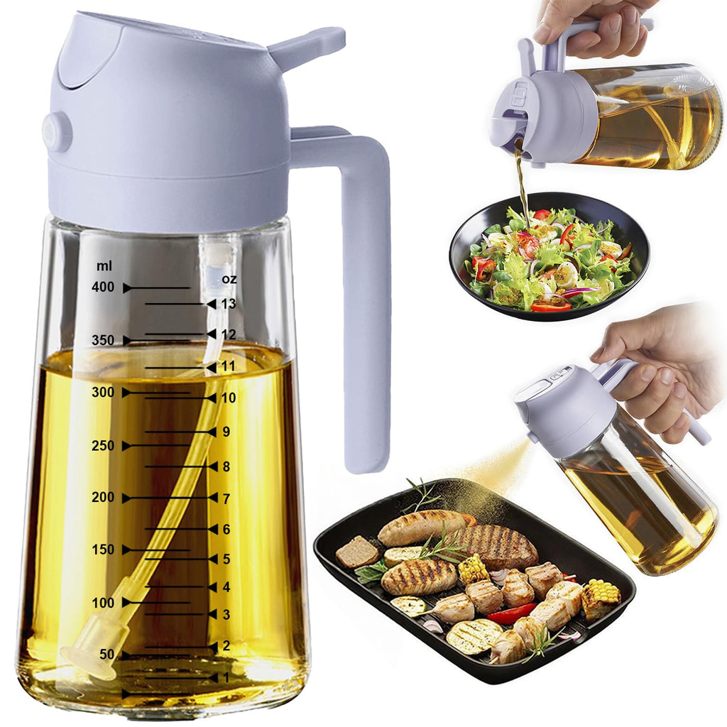 TrendPlain Pulverizador de azeite de oliva de vidro de 470 ml para cozinhar – Frasco dispensador de azeite 2 em 1 para utensílios de cozinha e acessórios de fritadeira de ar, salada, churrasco - preto