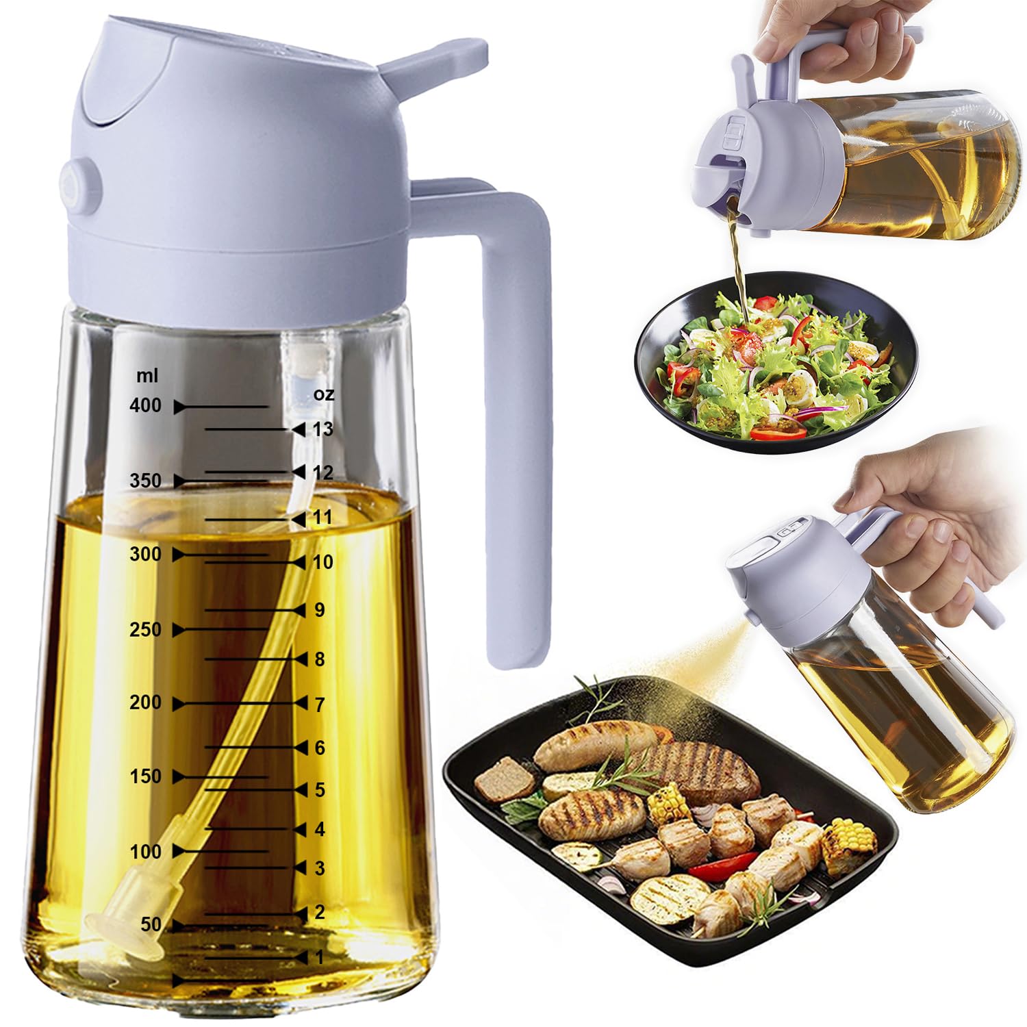 TrendPlain Pulverizador de azeite de oliva de vidro de 470 ml para cozinhar – Frasco dispensador de azeite 2 em 1 para utensílios de cozinha e acessórios de fritadeira de ar, salada, churrasco - preto