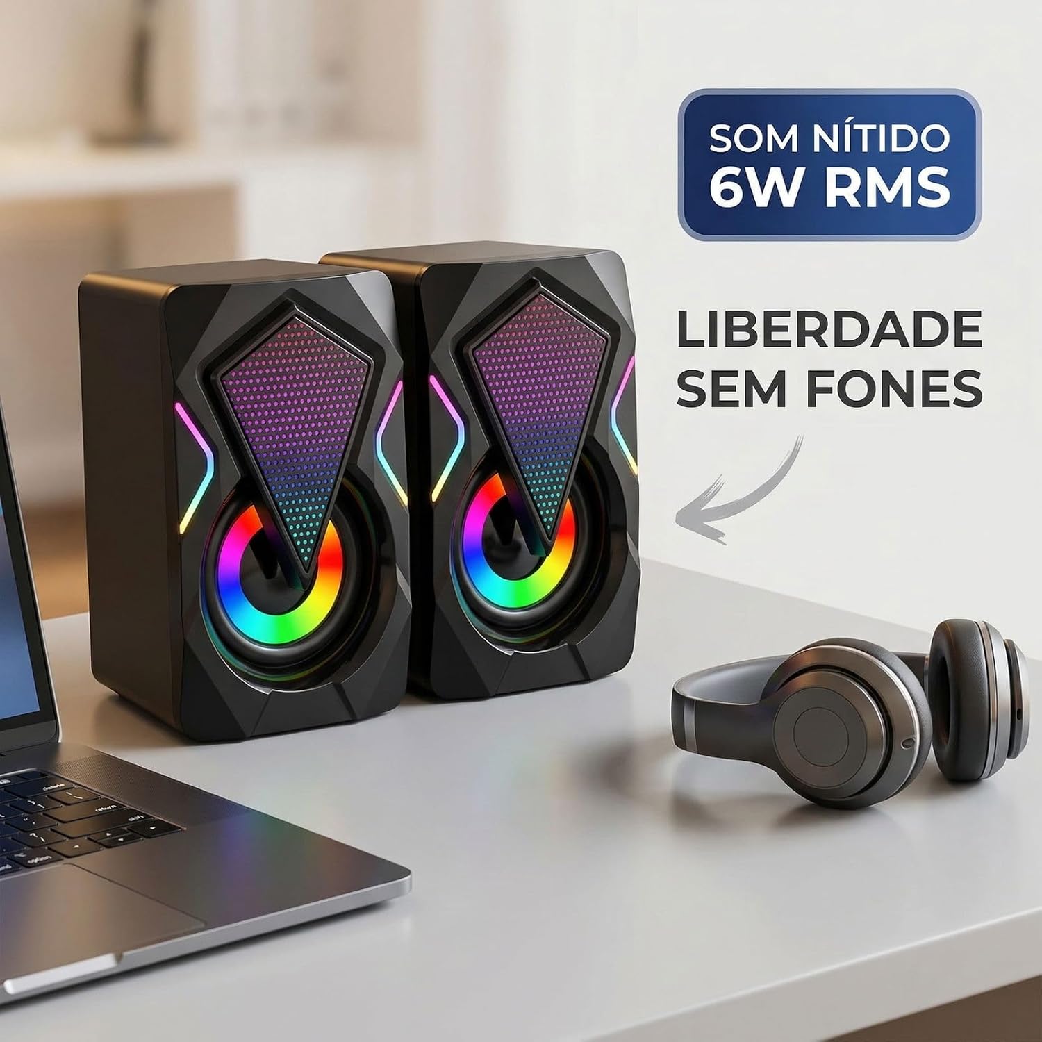 Caixinha de Som PC Gamer Potente com Iluminação RGB, Alto Falante Estéreo para Computador e Notebook, Entrada USB e P2 com Cabo Controle de Volume, Ideal Setup Gamer, Home Office - Premium