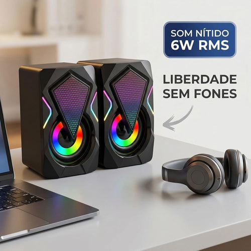 Caixinha de Som PC Gamer Potente com Iluminação RGB, Alto Falante Estéreo para Computador e Notebook, Entrada USB e P2 com Cabo Controle de Volume, Ideal Setup Gamer, Home Office - Premium