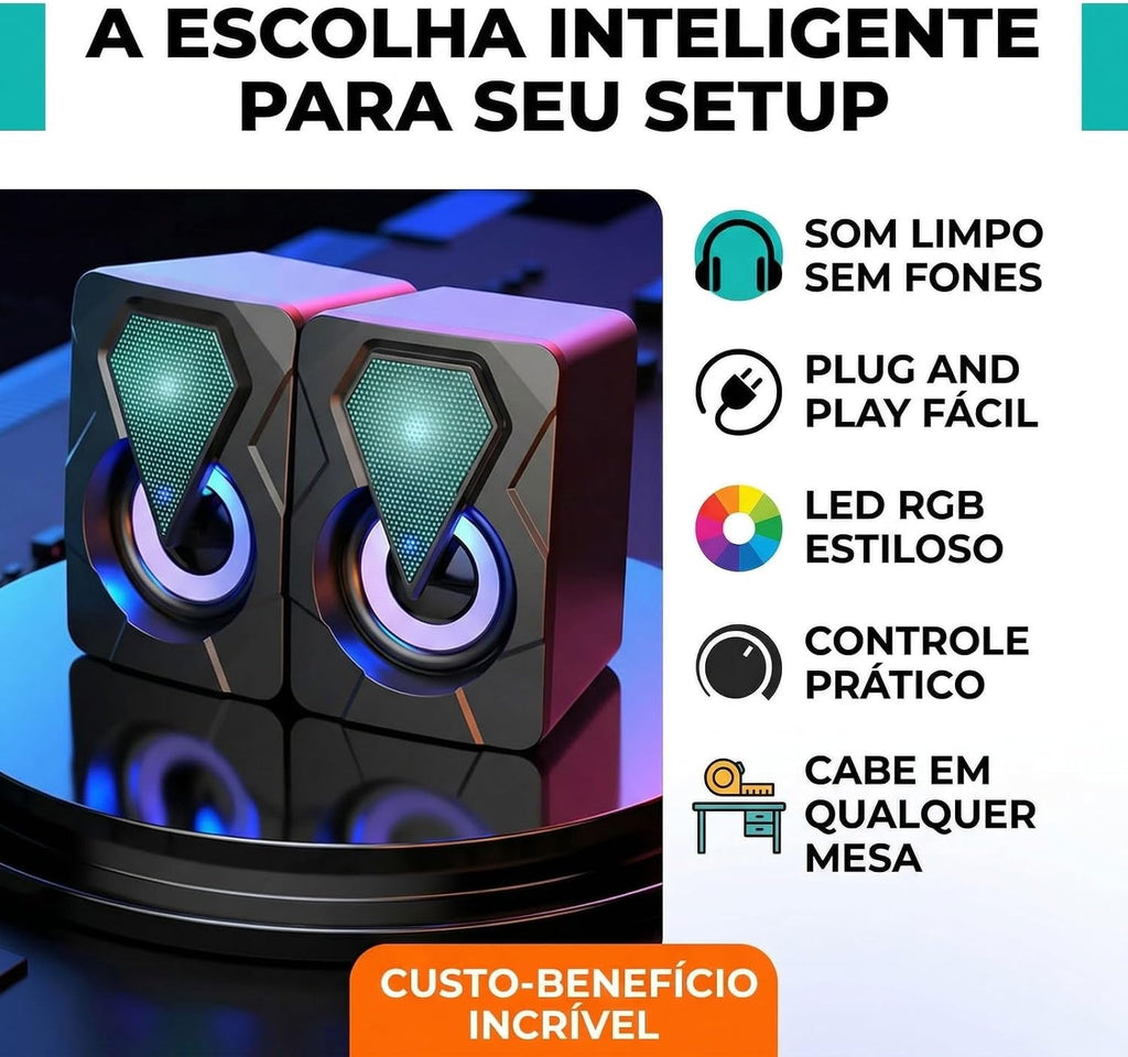 Caixinha de Som PC Gamer Potente com Iluminação RGB, Alto Falante Estéreo para Computador e Notebook, Entrada USB e P2 com Cabo Controle de Volume, Ideal Setup Gamer, Home Office - Premium