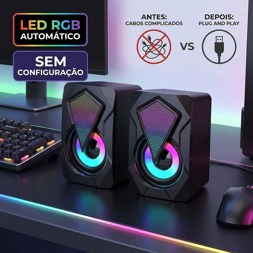 Caixinha de Som PC Gamer Potente com Iluminação RGB, Alto Falante Estéreo para Computador e Notebook, Entrada USB e P2 com Cabo Controle de Volume, Ideal Setup Gamer, Home Office - Premium