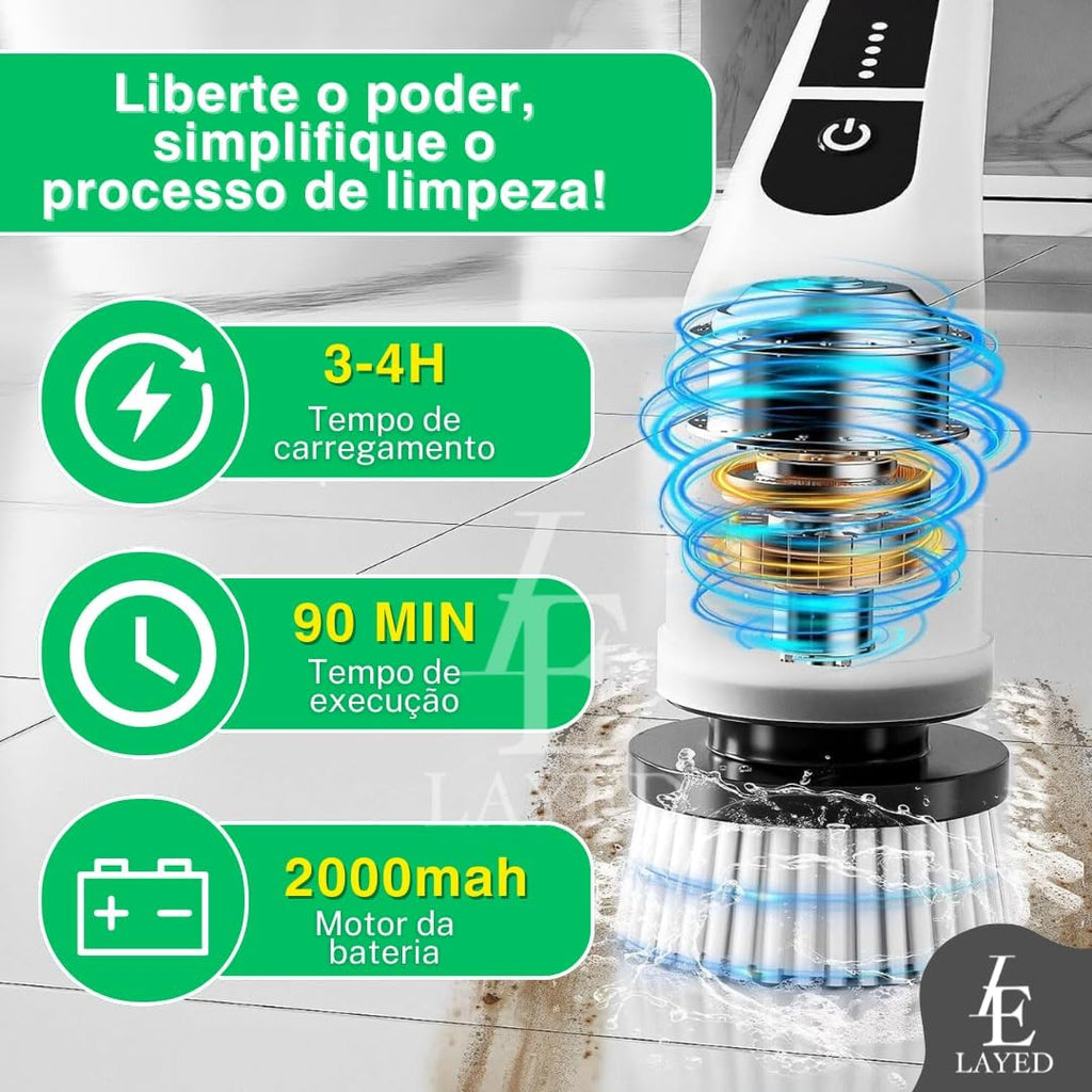 Esfregão de Limpeza Elétrico 9 em 1 - Escova C/Cabo Extensível, 9 Cabeças, 2 Velocidades, Sem Fio, Portátil, Ideal para Banheiro, Cozinha e Mais - Praticidade na Faxina! Marca Layed®