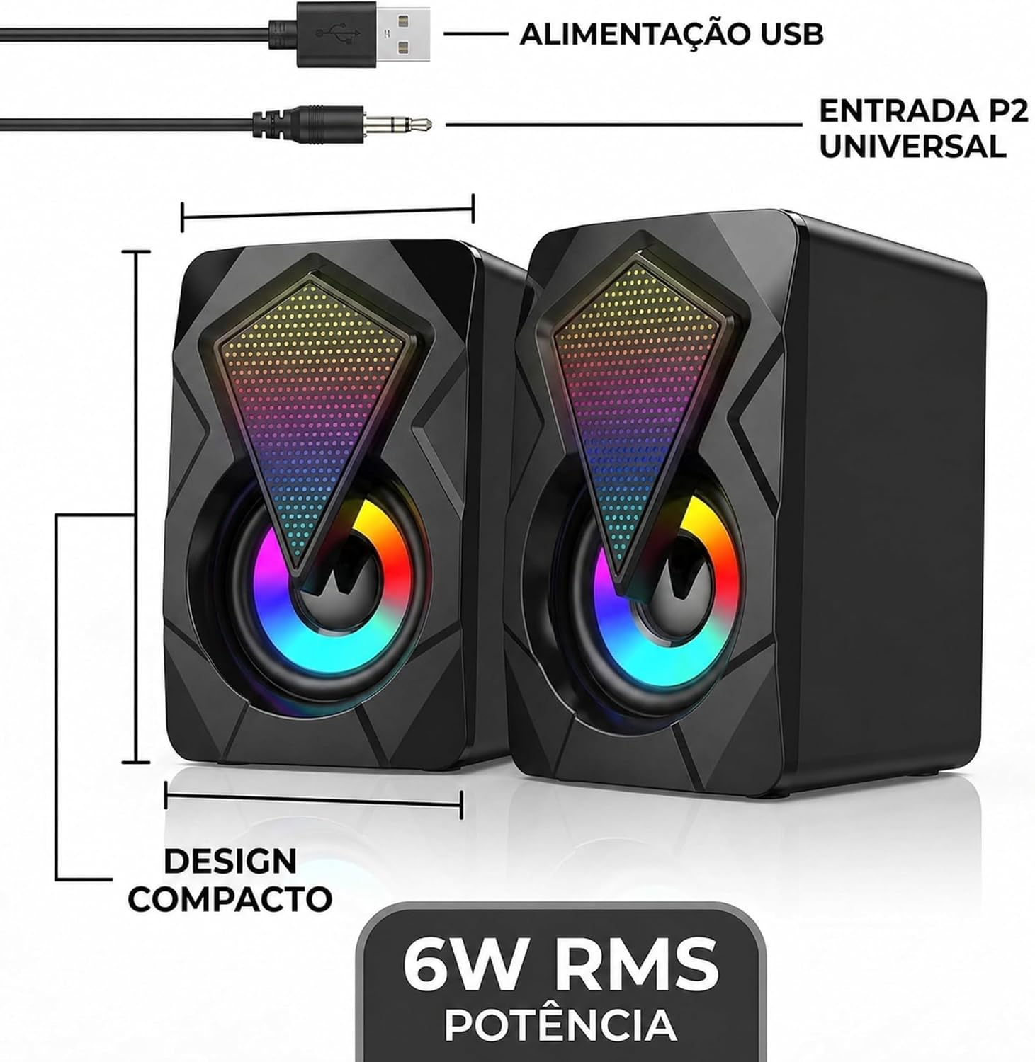 Caixinha de Som PC Gamer Potente com Iluminação RGB, Alto Falante Estéreo para Computador e Notebook, Entrada USB e P2 com Cabo Controle de Volume, Ideal Setup Gamer, Home Office - Premium
