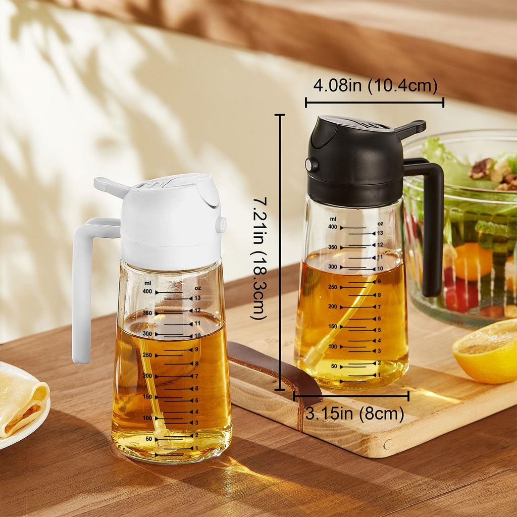 TrendPlain Pulverizador de azeite de oliva de vidro de 470 ml para cozinhar – Frasco dispensador de azeite 2 em 1 para utensílios de cozinha e acessórios de fritadeira de ar, salada, churrasco - preto